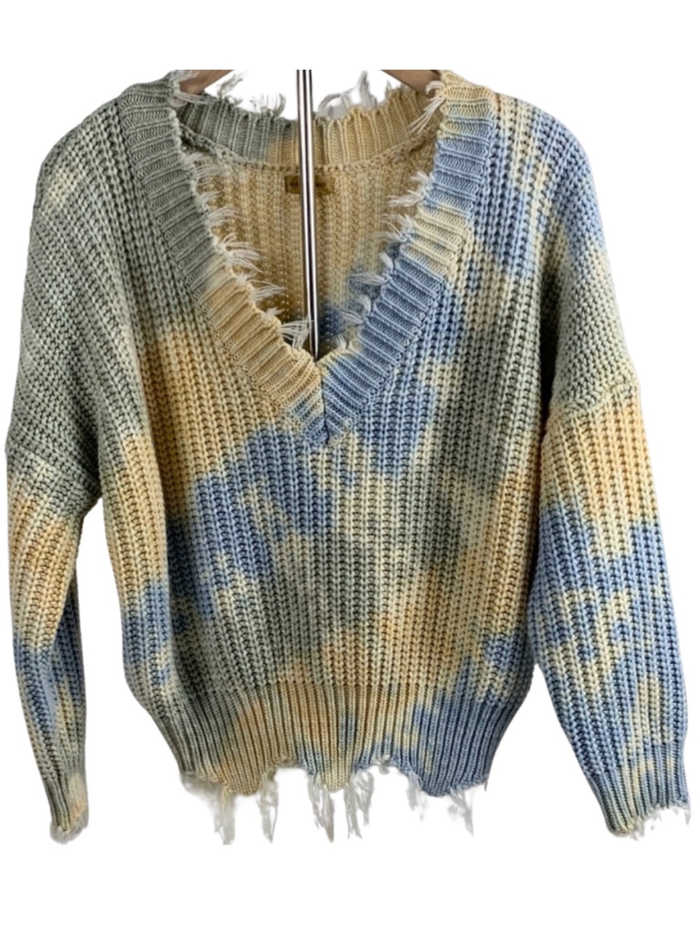 Tie Dye Distressed V-Neck Sweater with Frayed Hem Edges M Grunge Y2K